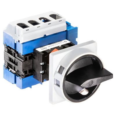 Kraus & Naimer specialafbryder med 4 polet + PE, 63A og frontmonteret SNAP-ON system. Afbryderen har et aflåseligt sort/gråt greb og viser detaljer på den blå og hvide enhed.