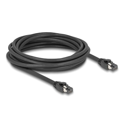 Sort DeLock RJ45-netværkskabel Cat. 8.1 S/FTP på 5 meter, oprullet med RJ45-stik i begge ender.