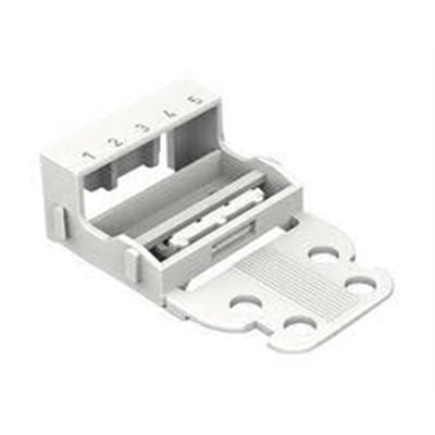 Wago adapter til 5-lederklemmer, hvid, med udklappelig bundplade til skruemontering af 4 mm² ledere.