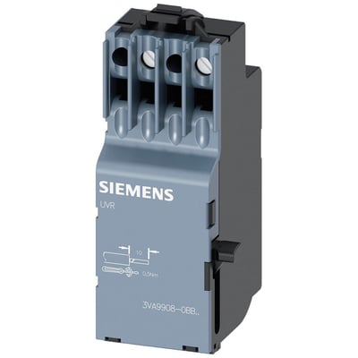 Siemens underspændingsudløser 3VA9 UVR i grå plast med tydelige terminaler og mærkning.