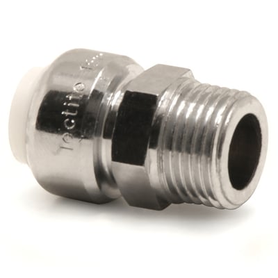 VSH Tectite overgangsnippel i krom med 15 mm tilslutning og ½" gevind på hvid baggrund.