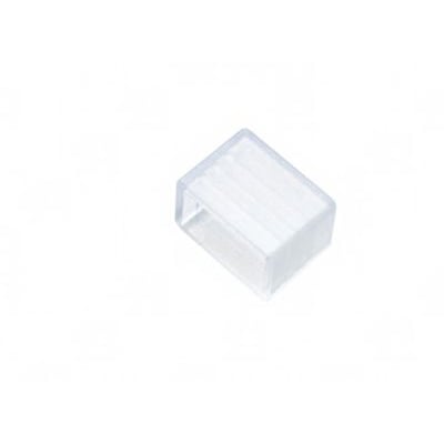 A LED endestykke til ECO 230V LED bånd i klar plast med rillede indersider, vist isoleret på hvid baggrund.