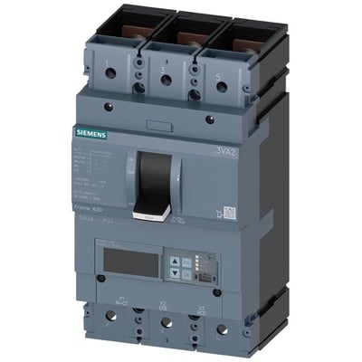 Siemens 3VA2 maksimalafbryder, 3-polet, 630A, 55kA brydeevne, med ETU550 udløserenhed og manuel betjeningshåndtag.