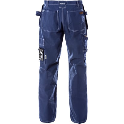 Kansas Original håndværkerbukser 255K i blå, str. C48, med CORDURA-forstærkede hængelommer og værktøjslommer, set bagfra.