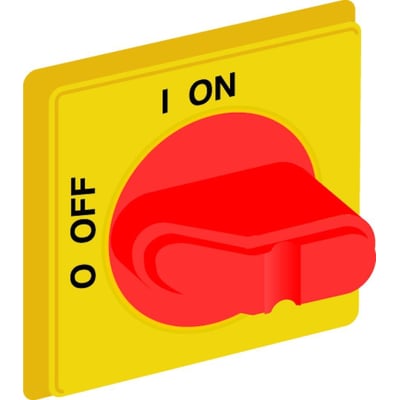 Tættere visning af ABB drejegrebets rød/gule design, fremhæver den ergonomiske form og tekst for ON/OFF.