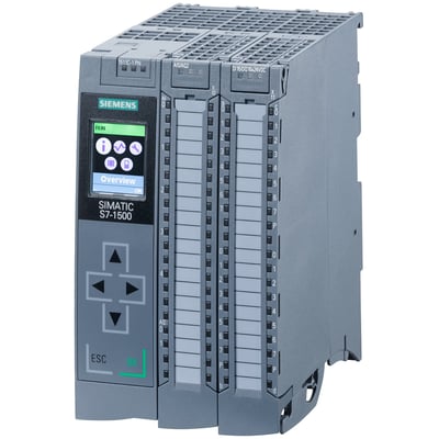 Siemens SIMATIC S7-1500 kompakt CPU 1511C-1 PN med skærm, digitale og analoge indgange/udgange på grå baggrund.