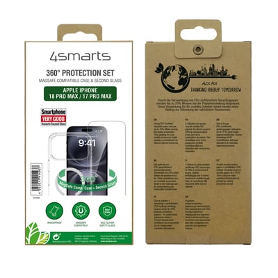 Emballagen til 4smarts 360° Premium Protection Set viser et klart cover og beskyttelsesglas til iPhone 18 Pro Max og 17 Pro Max.