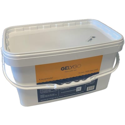 GelyGo 6 kg granulat i en hvid plastspand med orange og blå etiketter, der viser produktets navn og anvendelse.