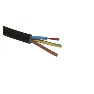 Sort H07RN-F gummikabel med 3G1,5 mm² ledertværsnit, der viser blå, gul/grøn og brun leder.