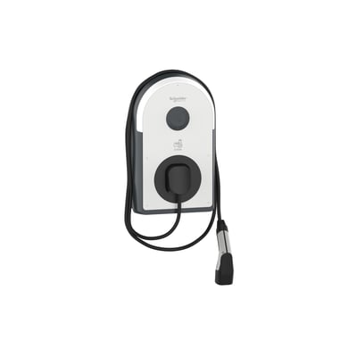 Schneider Electric EVLink Pro AC ladeboks til elbil, 22kW med fastmonteret Type 2-kabel på hvid baggrund.