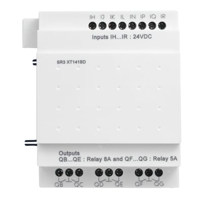 Schneider Electric Zelio udvidelsesmodul med 14 I/U, 24VDC forsyning, identificeret som SR3 XT141BD.
