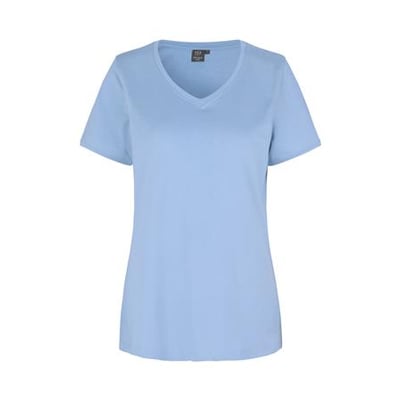 ID Identity Pro Wear Care dame T-shirt med V-hals i lyseblå bomuld og genanvendt polyester.