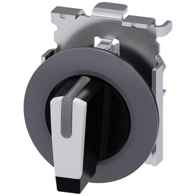 Siemens 30mm rund vælgerkontakt i mat hvid metal med kort frontring og lysbar, viser den momentane kontakttype.