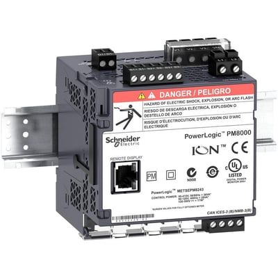 Schneider Electric PowerLogic PM8000 multimeter uden display til tavlemontering med kabeltilslutninger og advarselsskilt.