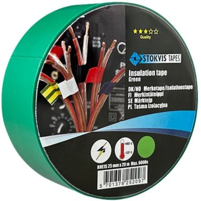 Stokvis pvc isoleringstape i grøn, 25mm x 20m, med illustration af isolerede elektriske ledninger og temperaturinterval.