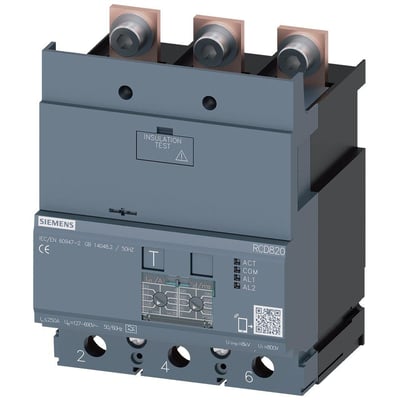 Siemens RCD modul 3VA9 RCD820, 3-polet, 250A, med justerbar reststrøm og udløsningstid samt 'Insulation Test' mærkat.