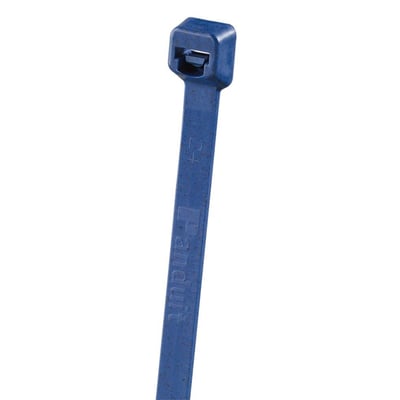 Panduit metaldetekterbar kabelbinder i mørkeblå polypropylene, 3,6x203 mm, med synligt Panduit logo og en pakke med 100 stk. på hvid baggrund.