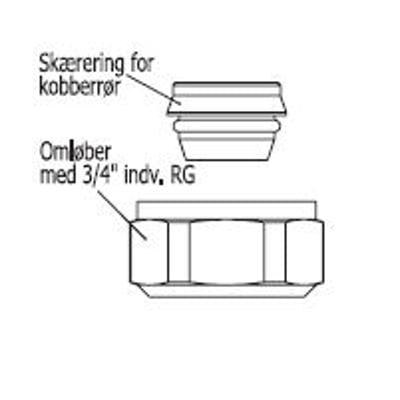 Illustration af Stelrad omløbersæt til 15 mm kobber- og stålrør, der viser omløber med 3/4" indv. RG og skæring for kobberrør.