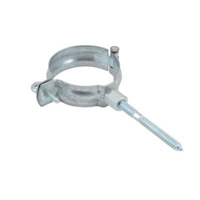 Galvaniseret hængselsstift på 87 mm med tilhørende øjeskrue og M8 ansatsskrue, velegnet til nedløbsrør på mur og træ.