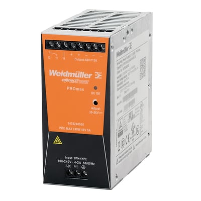 Weidmüller PROmax strømforsyning, 240W, 48VDC, 5A, vist fra siden med detaljeret mærkning og godkendelsesmærker.