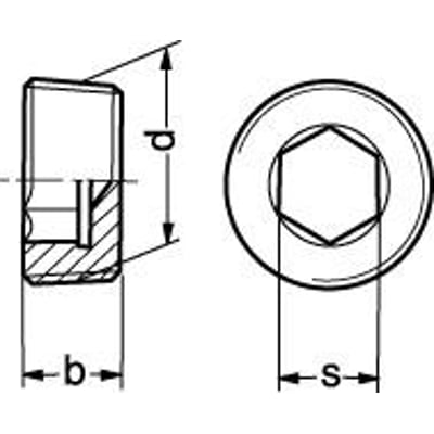 Konisk R 3/4 rørprop DIN 906 med indvendig 6-kant og rørgevind, vist i tværsnit og set ovenfra med dimensioner.