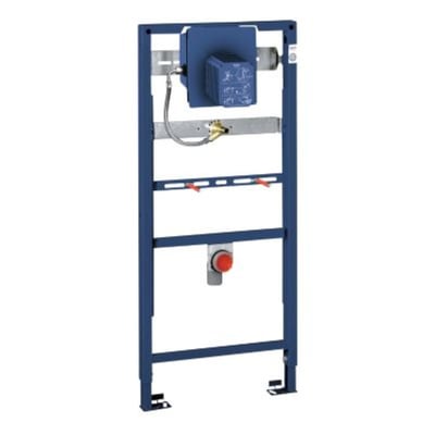 Grohe Rapid SL urinal-installationsramme i blå metal, vist med Tectron elektronikboks og monteringsdele.