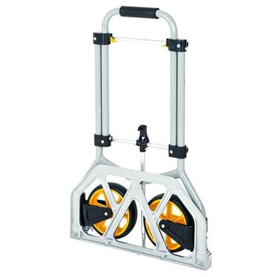 Sammenklappelig Ironside sækkevogn i stål og aluminium, foldet sammen med sorte og gule hjul.