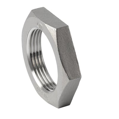 Kontramøtrik SF i AISI 316 rustfrit stål med 2 1/2" gevind og en nøglevidde på 95mm, overholder ISO 228-1G normen.