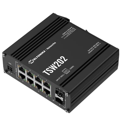Teltonika TSW202 managed PoE+ Ethernet switch med 8 porte og 2 SFP porte på en hvid baggrund.