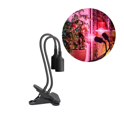Sort Kobi PLANTY CLIP DUO klemmelampe til grolys med to fleksible arme og E27-fatninger.