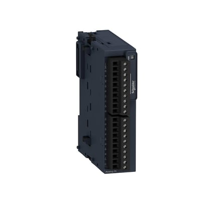 Nærbillede af Schneider Electric TM3-modul AI8 med 8 analoge indgange og skrueklemmer til temperatur, strøm og volt.