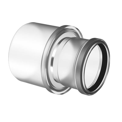 Detaljeret billede af Bosch reduktionsstykke i hvid plast, der viser overgangen fra DN110 til DN80 mm diameter.