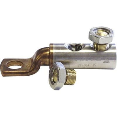 Nærbillede af Elpress Al/Cu kabelsko med M10+M12 bolte, viser den præcise udformning af skruerne og siden af kabelskoen.