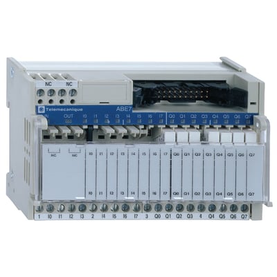 Schneider Electric Modicon ABE7 udgangsinterface med 16 relæudgange og IP20 sub-bases, vist forfra med tydelige markeringer.