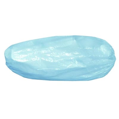 Blå ærmebeskyttelse i plast fra Activewear, 40 cm lang, vist sammenfoldet med åbningen vendt opad.