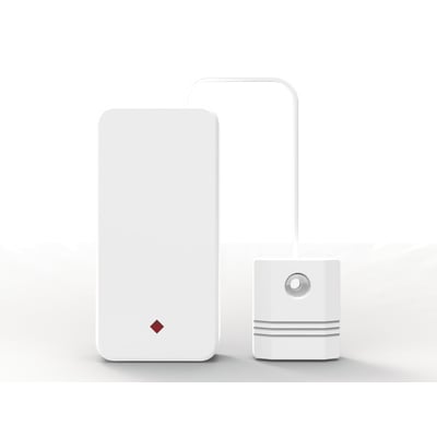 Trådløs vandsensor til S6evo alarmsystem, hvid med en lille rød diamantformet indikator.