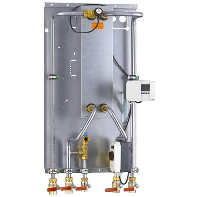 Detaljeret billede af bagpanelet på Metro Therm VRT Type 2, der viser komponenter som Danfoss styringsenhed og ventiler.