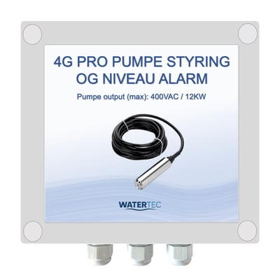 WATERTEC 4G PRO pumpestyring med niveaualarm og kabelsensor, vist med tilslutninger og 400 VAC/12 kW udgang.