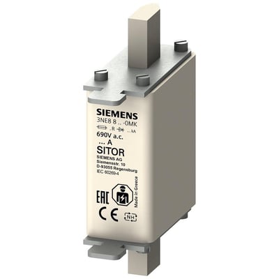 Siemens SITOR NH000 sikring på 20A med gR klinge, 690V AC, fremstillet i Grækenland med CE og EAC mærkning.