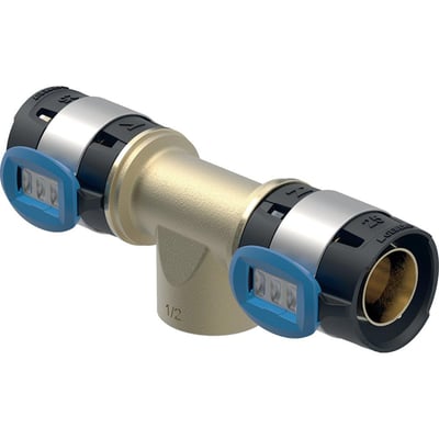 Et Geberit FlowFit T-stykke med 40mm rørdimensioner og 3/4" indvendigt gevind, fremstillet i messing med sorte og blå detaljer.