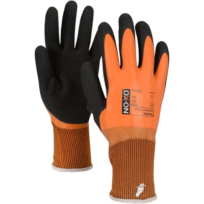 Detaljeret visning af Boisen Safety Flexible Supreme 1611 handske i størrelse 10 med logo og certificeringer tydeligt vist.