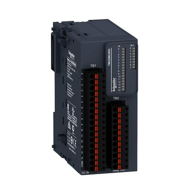 Schneider Electric TM3 modul DI16 DO8 med fjederklemme set fra siden, tydeligt mærkat og indgangs/udgangsmarkeringer.