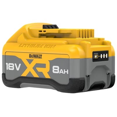 DeWalt XR TABLESS 18V 8.0 Ah lithium-ion batteri med tydelig branding og kapacitetsindikator på grå baggrund.