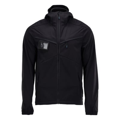 Mascot Customized jakke i sort, str. 4XL, vist forfra med lynlås, hætte og ID-kortholder.