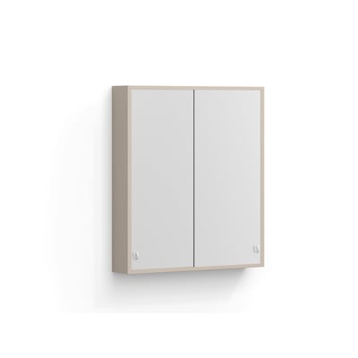 Svedbergs I:et spejlskab i sand med to spejllåger, set let fra venstre; måler 60 x 70 x 12,5 cm.