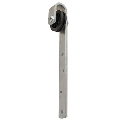 PN Beslag skydedørsrulle med varmforzinket stålbeslag og sort kunststofrulle (POM) på 260mm lang arm.