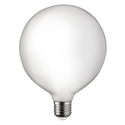 Opal globe LED-pære med E27-fatning, 125 mm i diameter, vist på hvid baggrund.