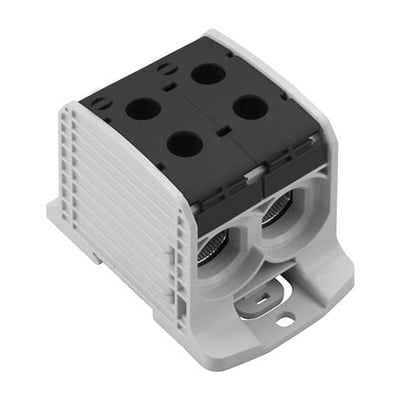 Weidmüller WPD 232 2X185/2X185 BK fordelerklemme i grå Wemid med sort cover og skrueterminaler.