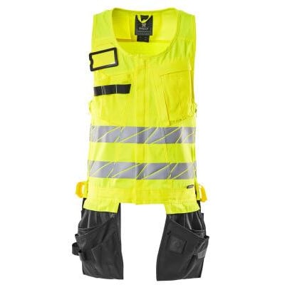 Mascot Hi-Vis værktøjsvest i gul og sort, str. L, med reflekser, aftagelig ID-kortholder og hængelommer foran.