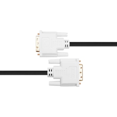 Deltaco DVI-D dual link-kabel på 3 meter i sort, vist med begge hvide stik og deres fastgørelsesskruer.